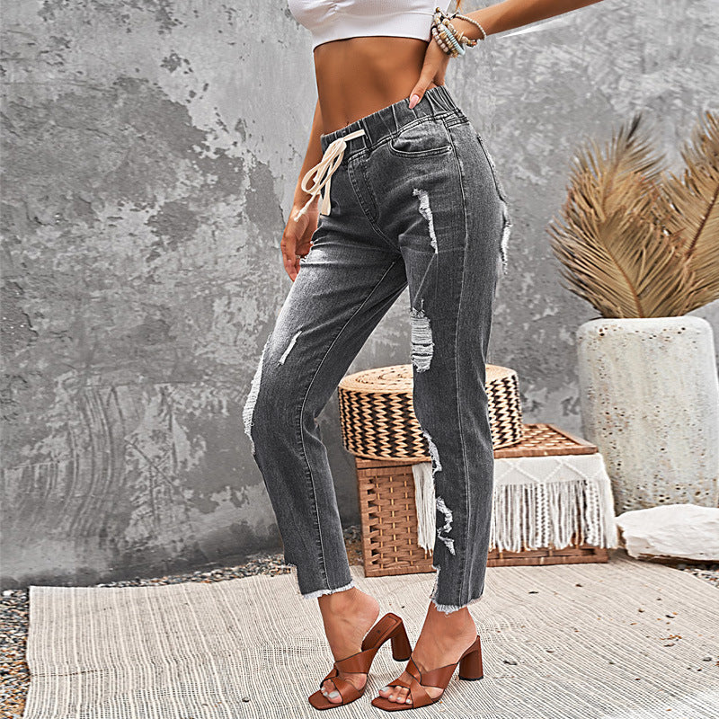 Women's Lace Up Nine Points Skinny Pants