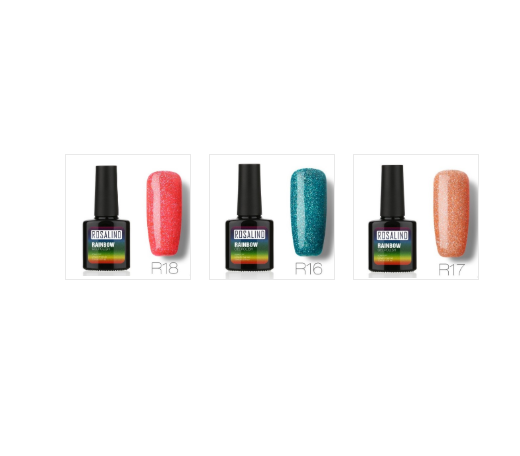 Nail free, long-lasting, non-toxic, nail polish, ROSALIND phototherapy glue, star studded rainbow system.