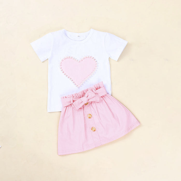 European And American Summer Children's Clothing New Girl Pearl Love White Short Sleeve + bow Skirt Baby Skirt Set