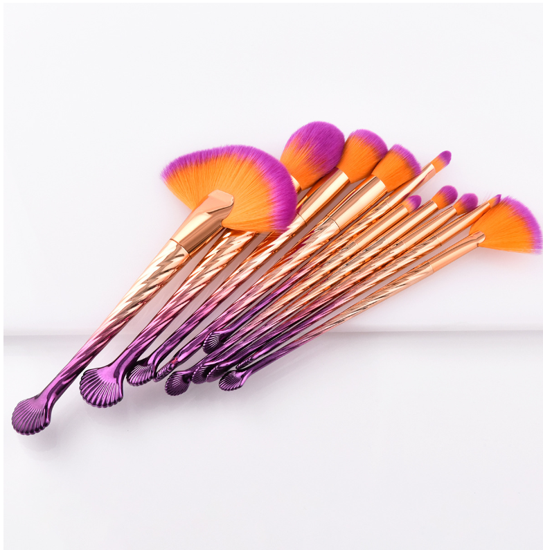 10 makeup brushes beauty tools shells gold purple gradient fan brush