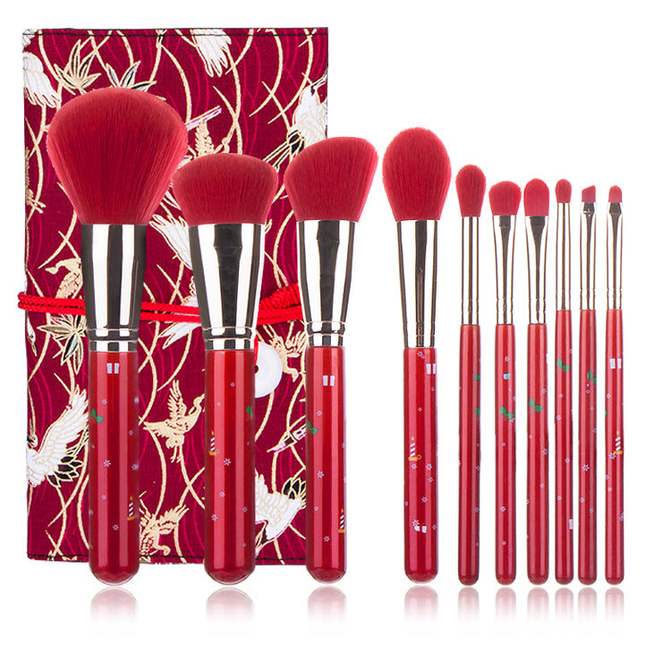 10pcs Christmas Makeup Brushes, Red Handle Christmas Portable