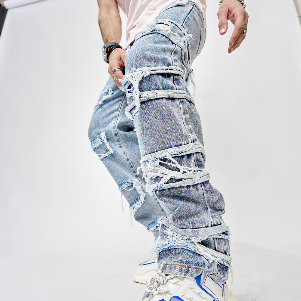 Full Length Patched Straight Fit Men's Hip Hop Jeans