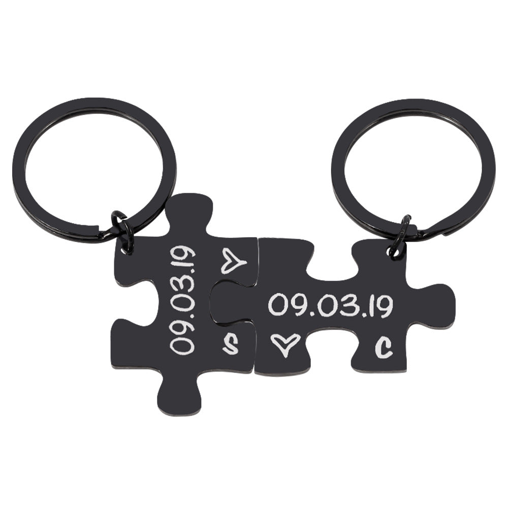 Couple Keychain Gifts Engraving Stainless Steel Couple Puzzle Key Ring