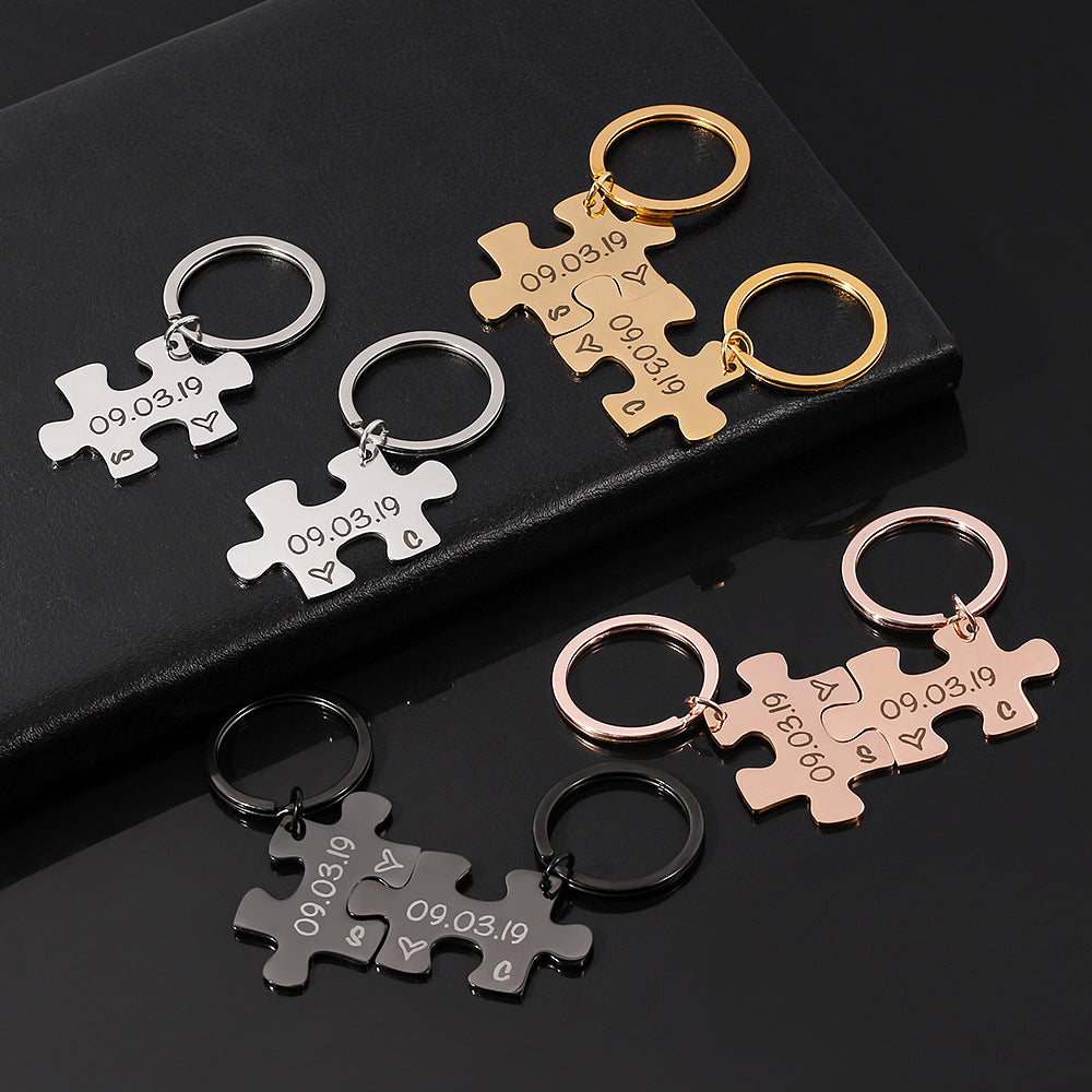 Couple Keychain Gifts Engraving Stainless Steel Couple Puzzle Key Ring