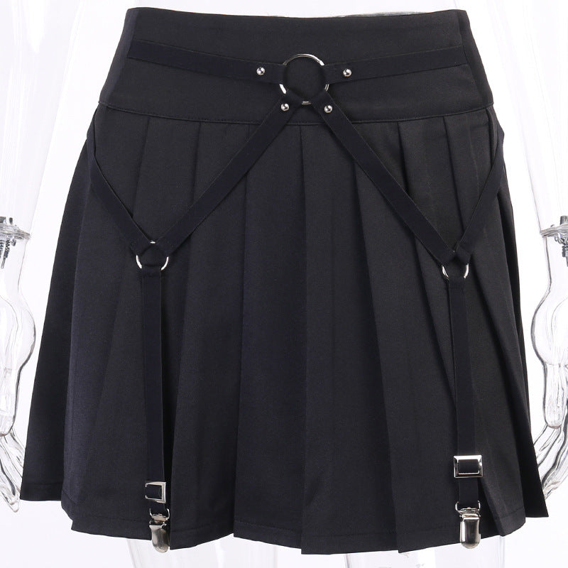 Dark Functional Wind Punk Girl Pleated Skirt High Waist Tooling Bf Cool Ring Skirt Skirt Trend