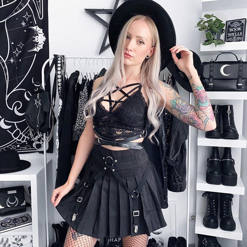 Dark Functional Wind Punk Girl Pleated Skirt High Waist Tooling Bf Cool Ring Skirt Skirt Trend