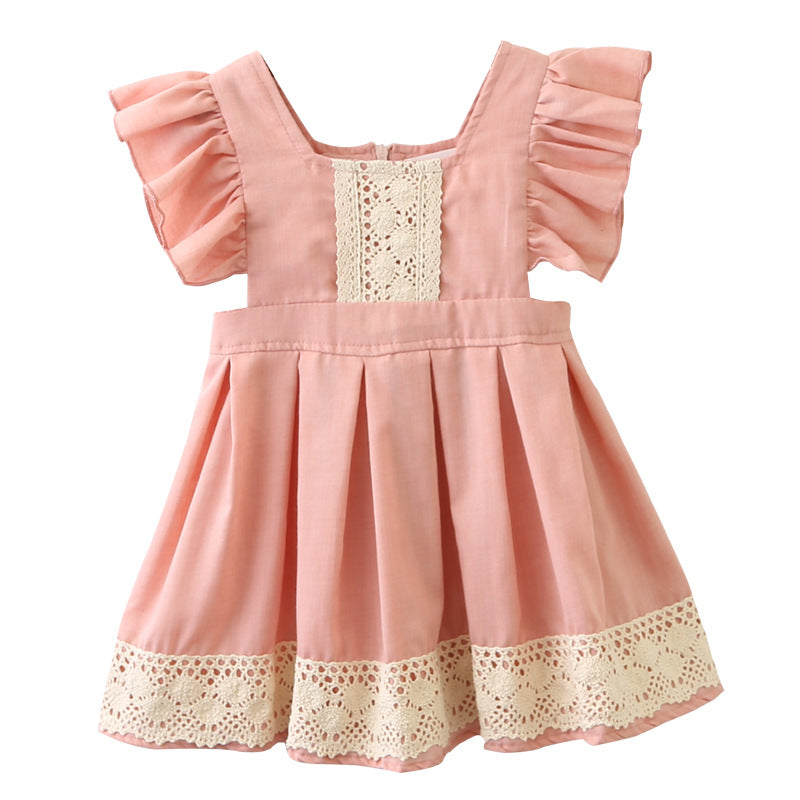 Girl Baby Cute Lotus Root Pink Dress Children Princess Stitching Lace Flying Sleeve Short Skirt