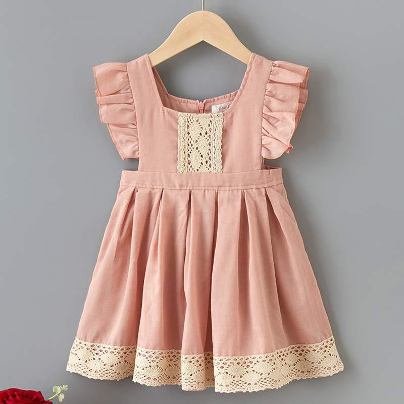 Girl Baby Cute Lotus Root Pink Dress Children Princess Stitching Lace Flying Sleeve Short Skirt