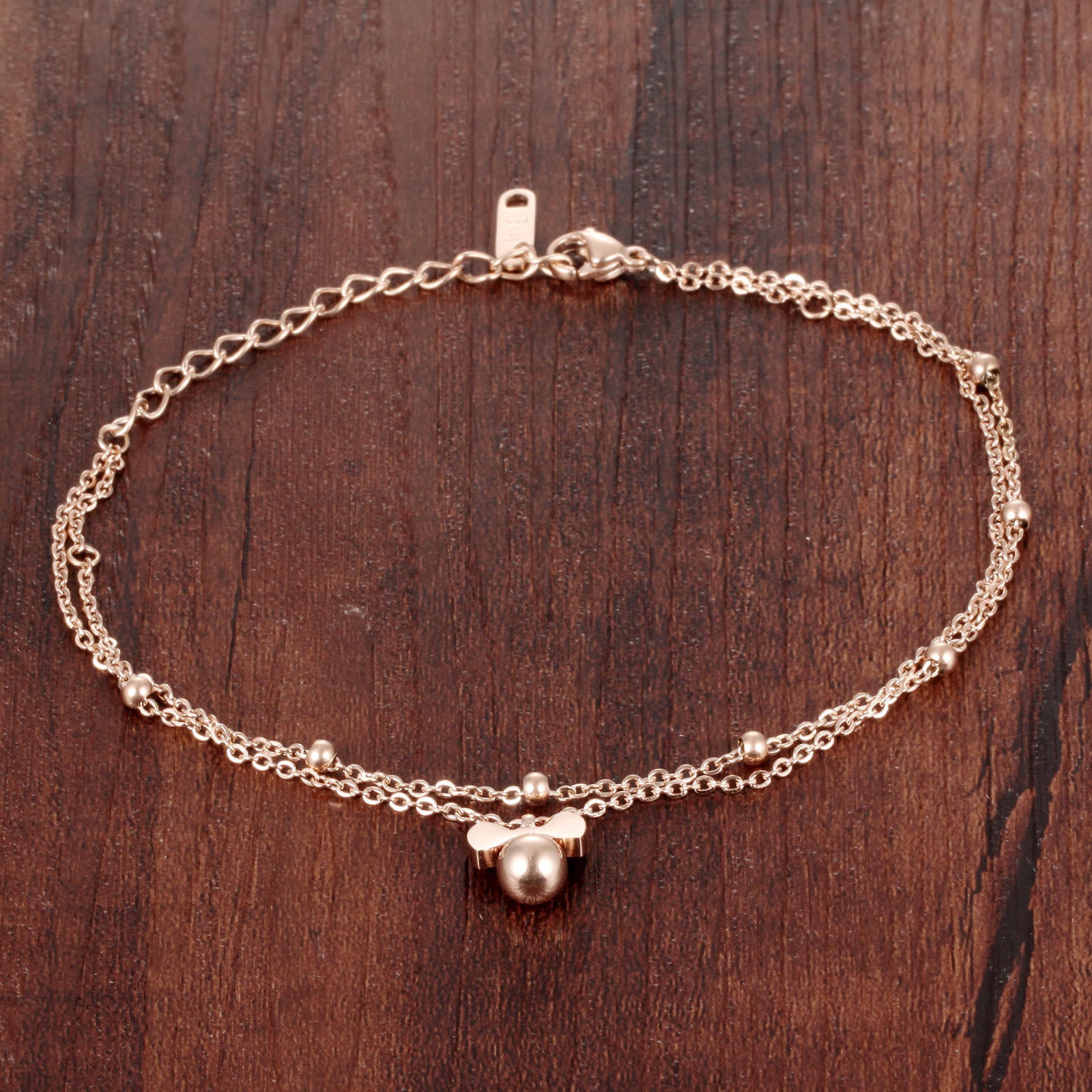 Lokaer New Delicate Bowknot Anklets Classic Rose Gold Color Stainless Steel Double Layer Women Ankle Jewelry Bracelets A19035