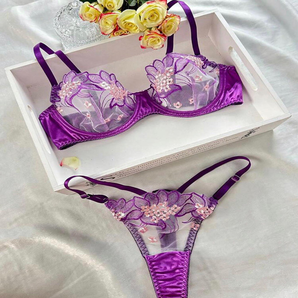 Purple Embroidered Ribbon Steel Ring Underwear Suit Women