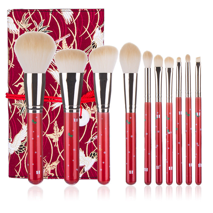 10pcs Christmas Makeup Brushes, Red Handle Christmas Portable