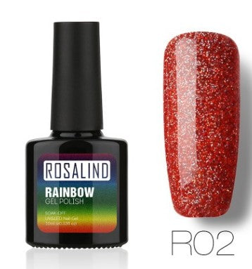 Nail free, long-lasting, non-toxic, nail polish, ROSALIND phototherapy glue, star studded rainbow system.