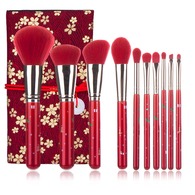 10pcs Christmas Makeup Brushes, Red Handle Christmas Portable