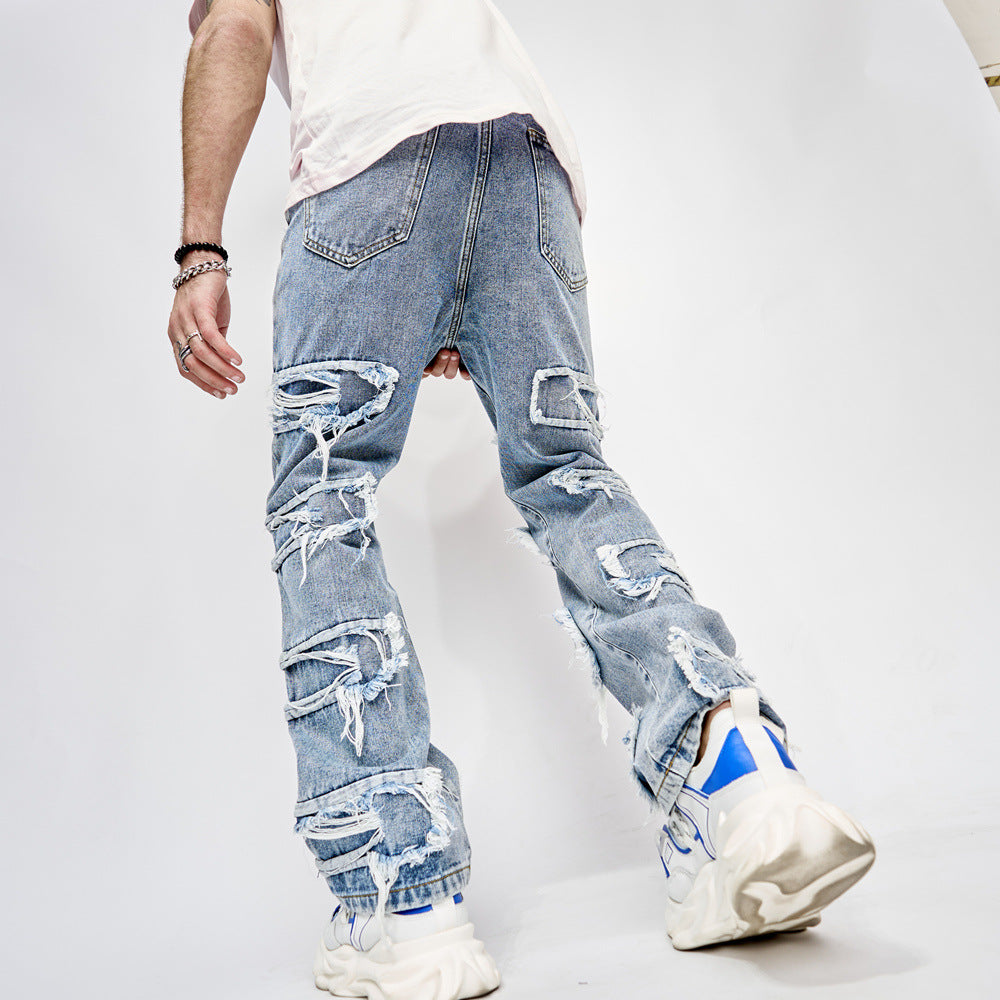 Full Length Patched Straight Fit Men's Hip Hop Jeans