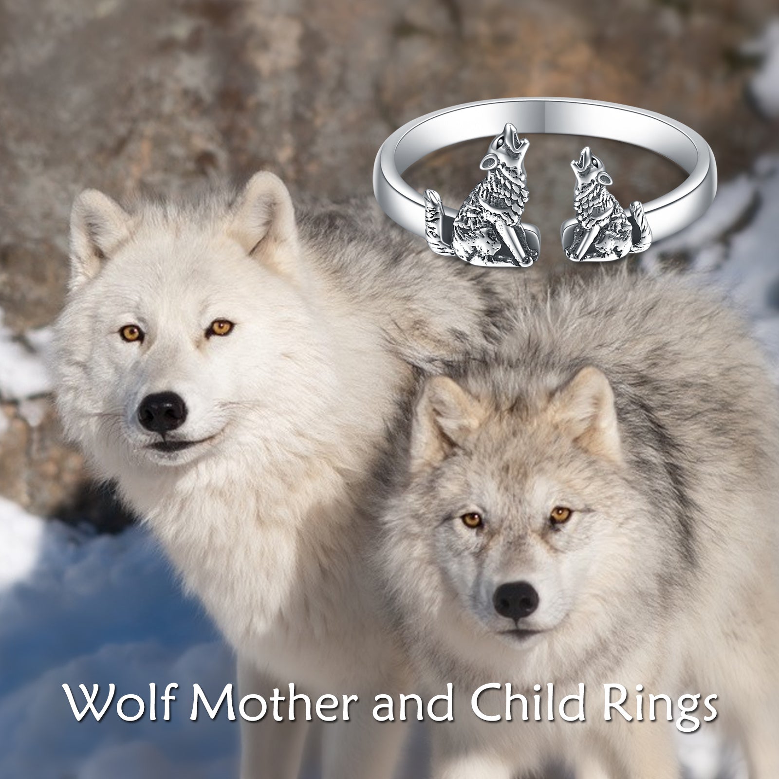 Sterling Silver Wolf Rings Mother and Child Open Adjustable Size Rings