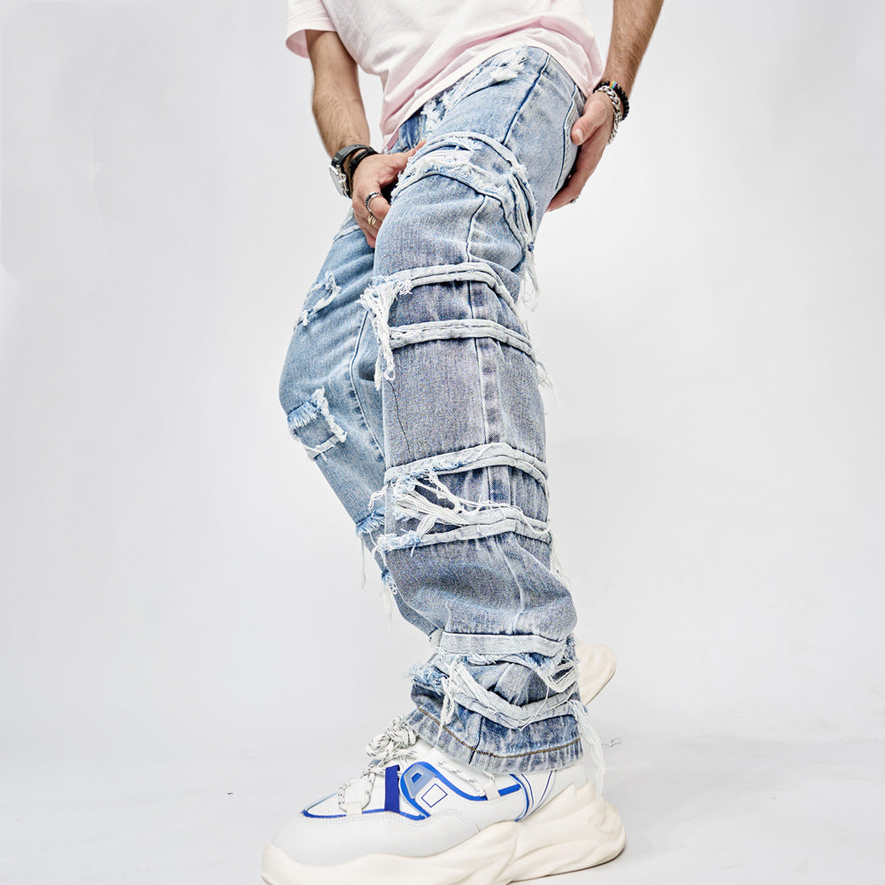 Full Length Patched Straight Fit Men's Hip Hop Jeans