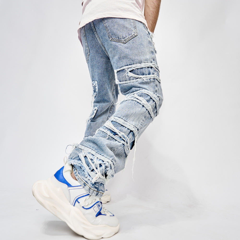 Full Length Patched Straight Fit Men's Hip Hop Jeans