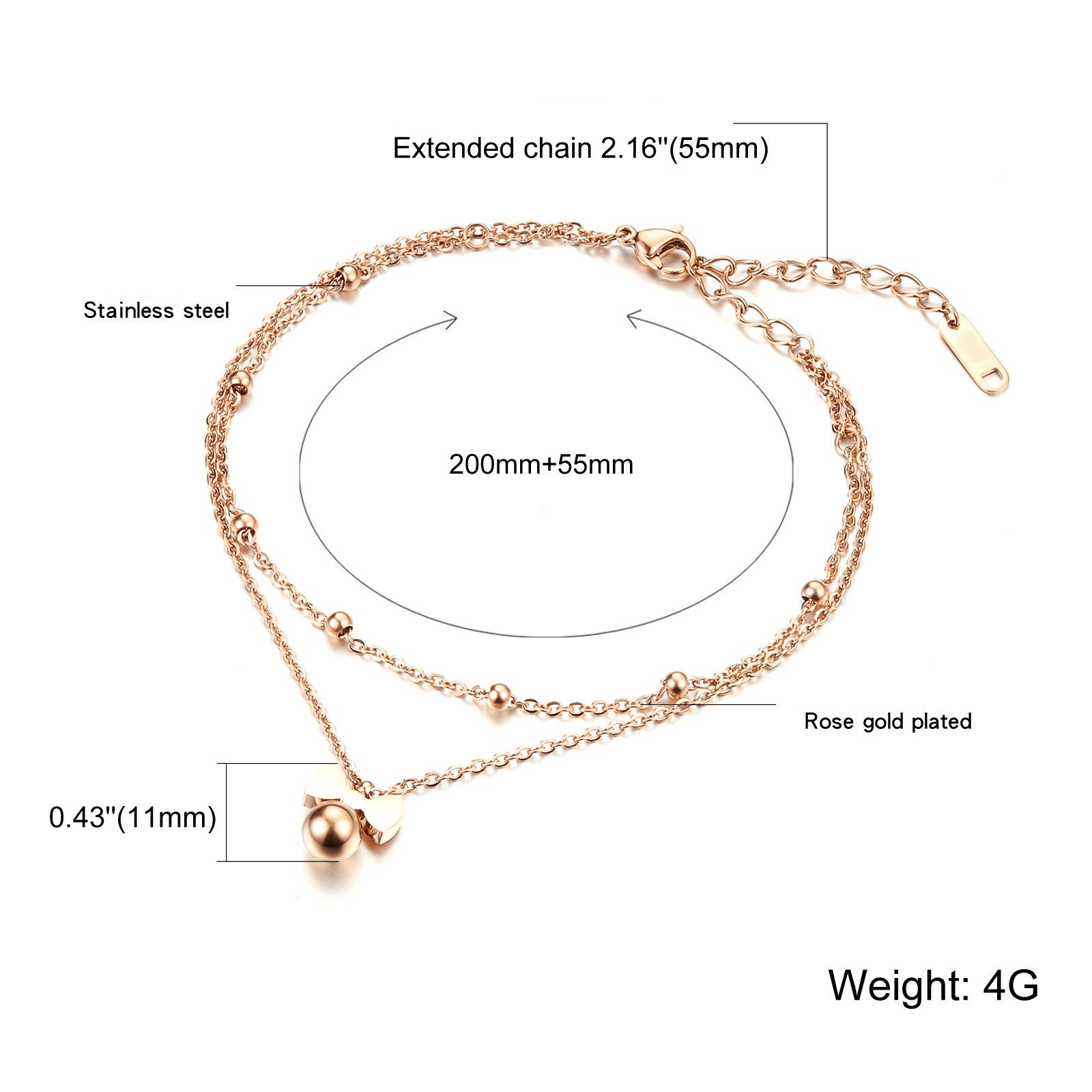 Lokaer New Delicate Bowknot Anklets Classic Rose Gold Color Stainless Steel Double Layer Women Ankle Jewelry Bracelets A19035