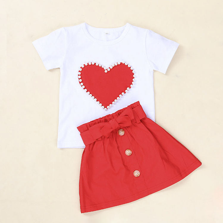 European And American Summer Children's Clothing New Girl Pearl Love White Short Sleeve + bow Skirt Baby Skirt Set