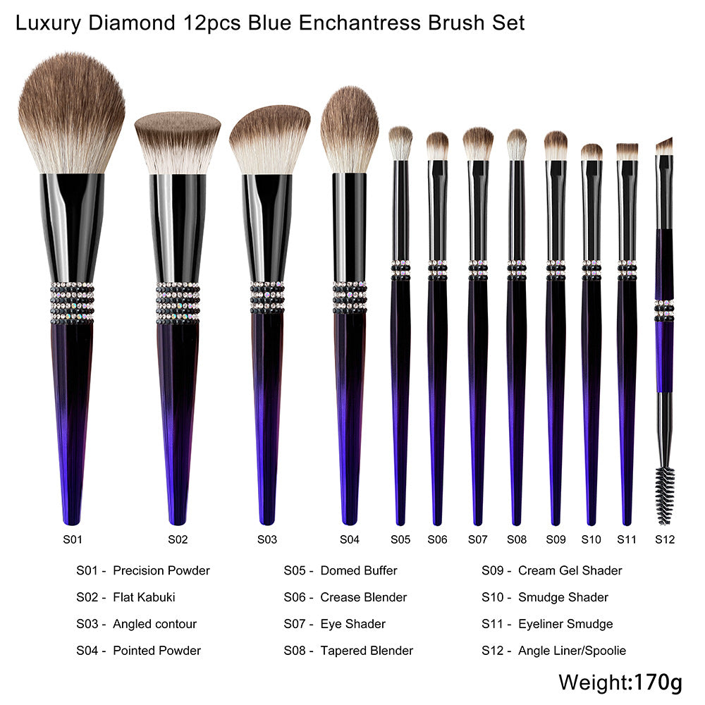 12 Gradient Blue Makeup Brushes Set