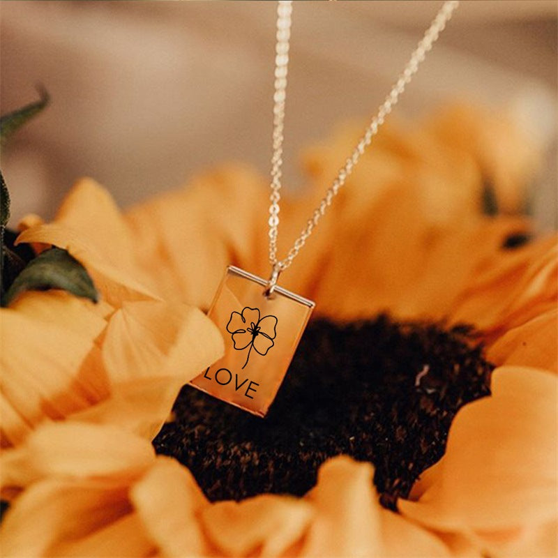 Square Stainless Steel Lettering Botanical Flower Name Necklace