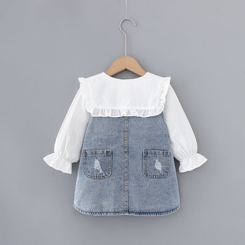 Two-piece Baby Girl Big Lapel Shirt Denim Strap Skirt