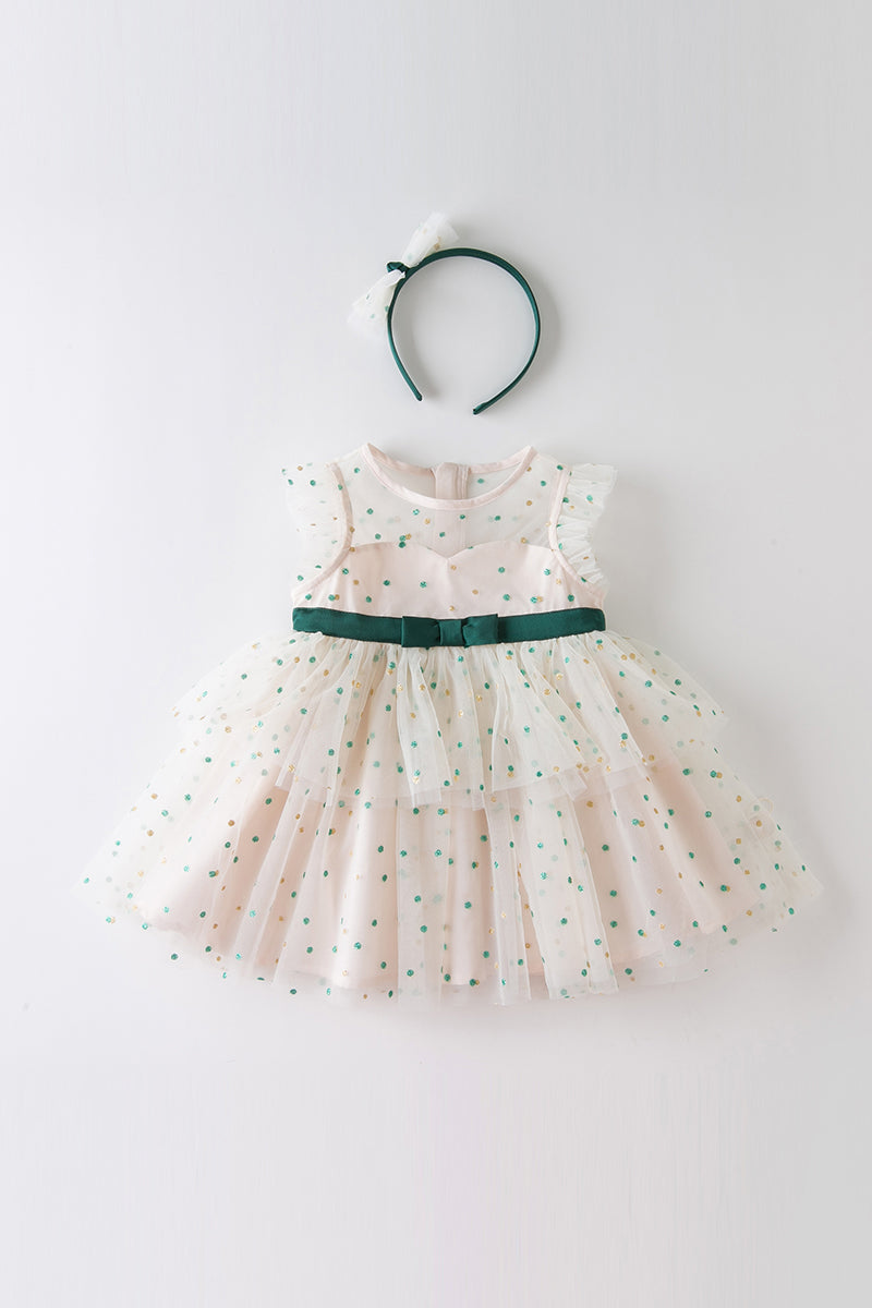 Summer Girl Baby Green Polka Dot Small Veil Skirt With Hair Band