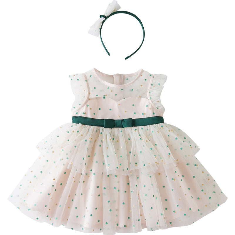 Summer Girl Baby Green Polka Dot Small Veil Skirt With Hair Band