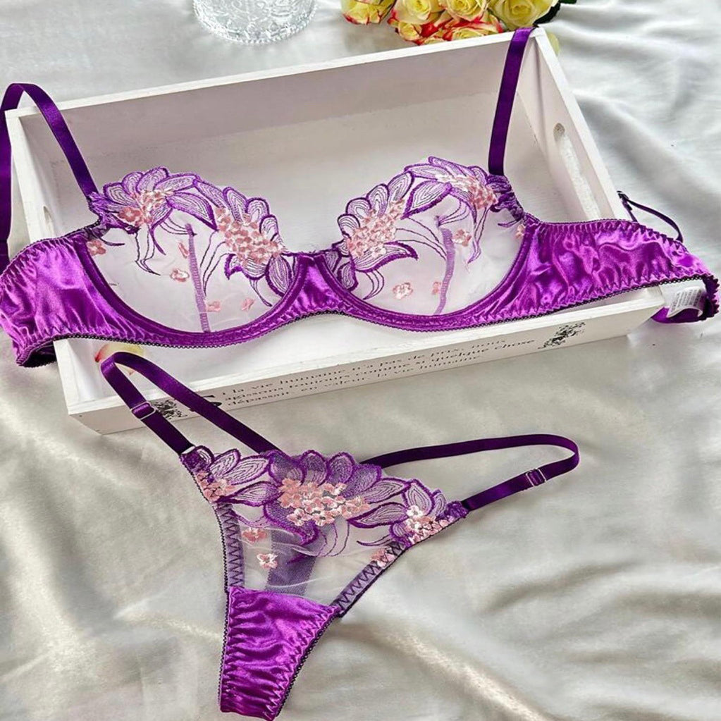 Purple Embroidered Ribbon Steel Ring Underwear Suit Women