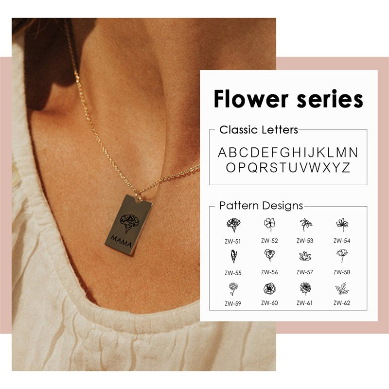 Square Stainless Steel Lettering Botanical Flower Name Necklace