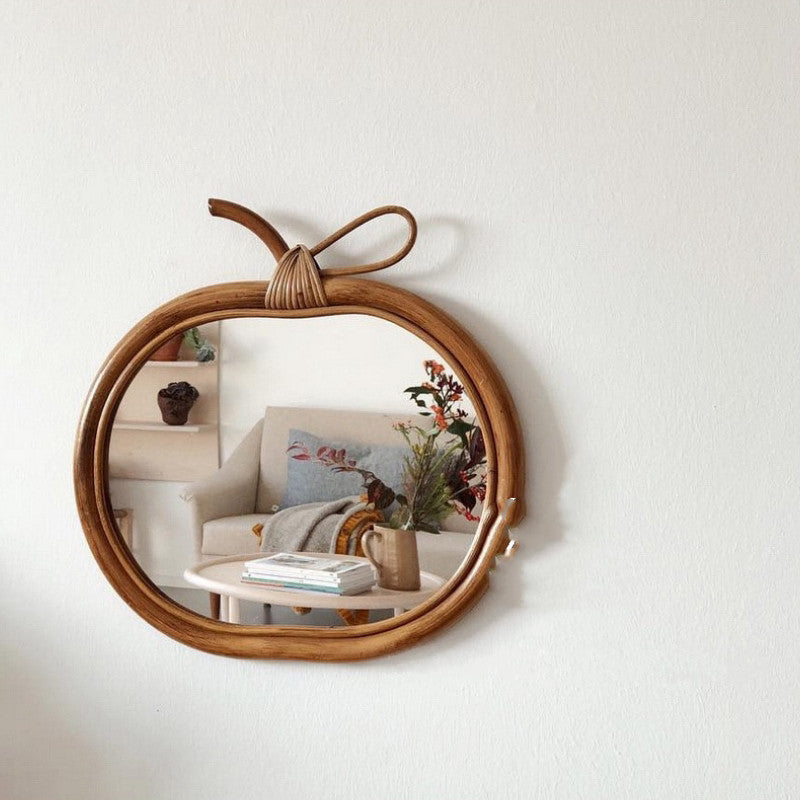 Handmade Rattan Retro Round Mirror Apple Mirror Household Make-up Mirror Wall Hanging Porch Decoration