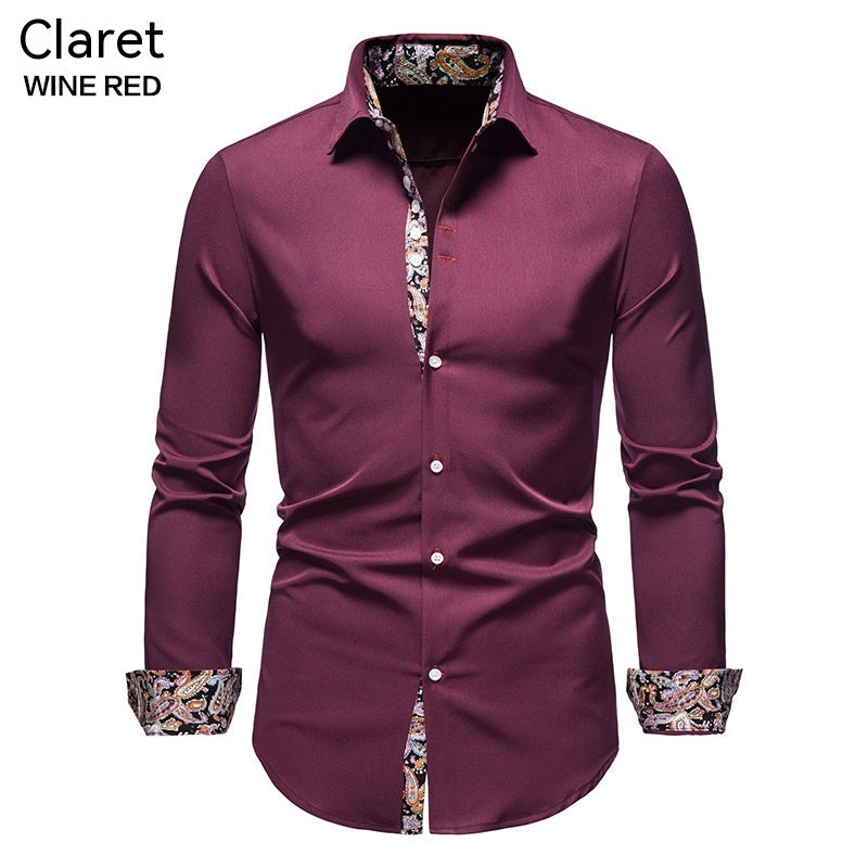 Men's Long-sleeved Shirt Lapel Slim-fit Assorted Colors Polyester Shirt