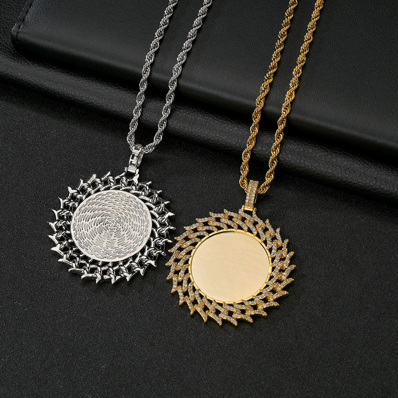 Round Diamond Sun Flower Frame Couple Commemorative Necklace