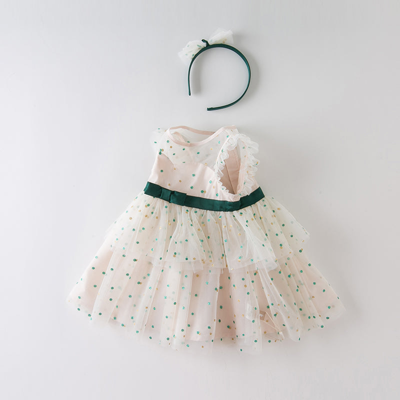 Summer Girl Baby Green Polka Dot Small Veil Skirt With Hair Band