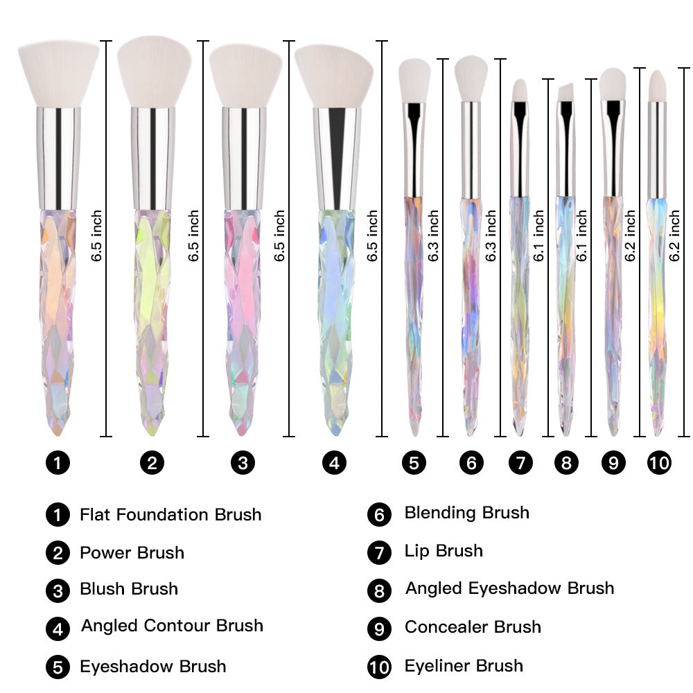 10 Piece Clear Diamond Handle Set Makeup Brushes