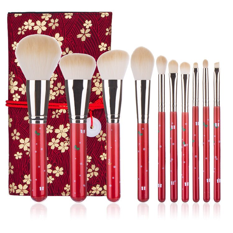 10pcs Christmas Makeup Brushes, Red Handle Christmas Portable