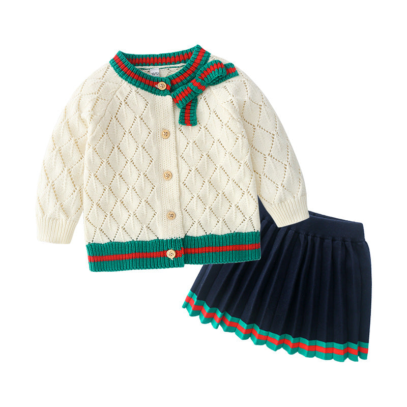 Baby Girl Cotton Knitted Cardigan And Skirt Suit